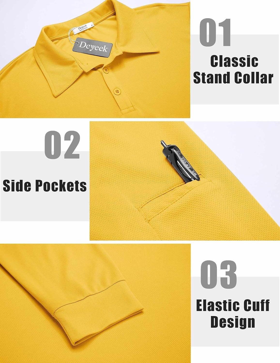 image:imageDeyeek Mens Long Sleeve Polo Shirts Quick Dry Golf Polo for MenYellow