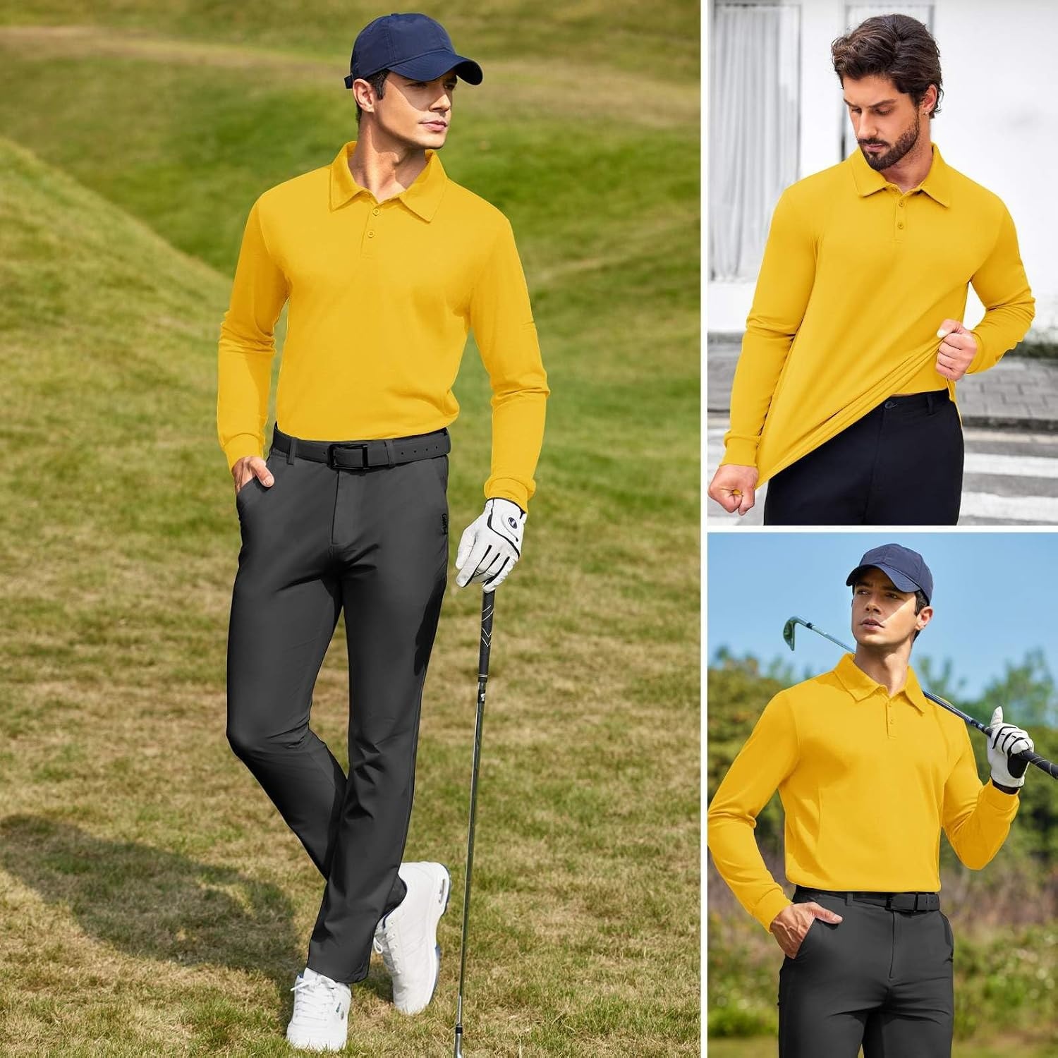 image:imageDeyeek Mens Long Sleeve Polo Shirts Quick Dry Golf Polo for MenYellow