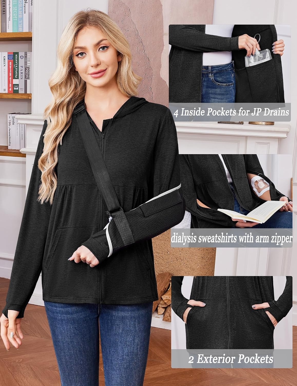 image:imageDeyeek Womens Mastectomy Dialysis Shirts with Drain Pockets amp Arm ZipperBlack
