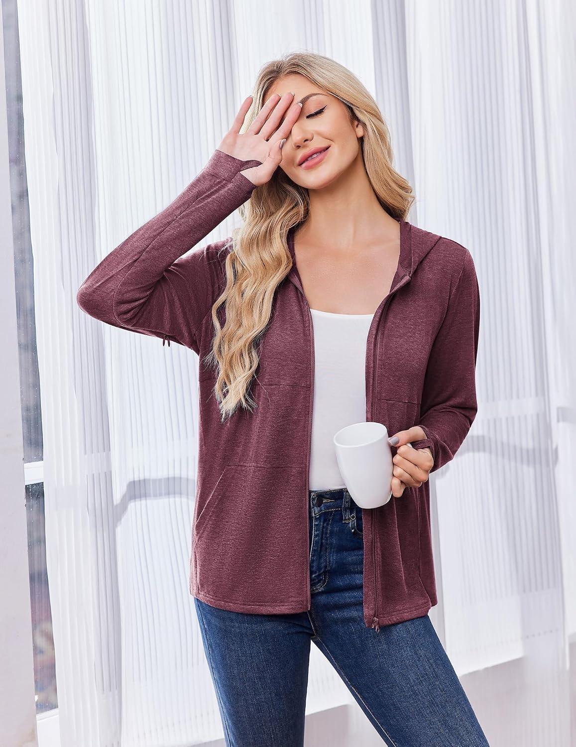 image:imageDeyeek Womens Mastectomy Dialysis Shirts with Drain Pockets amp Arm ZipperBurgundy