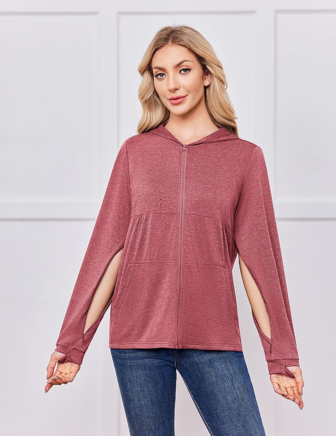 image:imageDeyeek Womens Mastectomy Dialysis Shirts with Drain Pockets amp Arm ZipperDark Pink