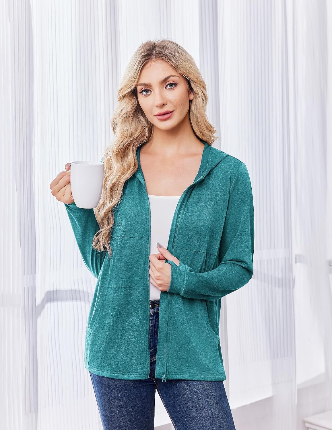 image:imageDeyeek Womens Mastectomy Dialysis Shirts with Drain Pockets amp Arm ZipperPeacock Blue