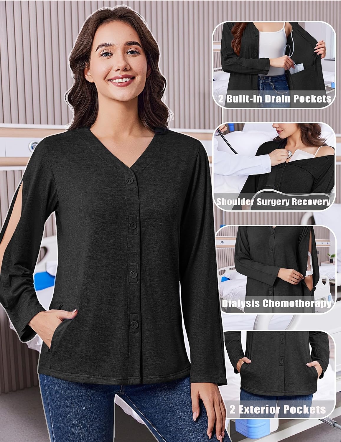 image:imageDeyeek Womens Mastectomy Shirts with Drain Pockets Shoulder Surgery TopsBlack