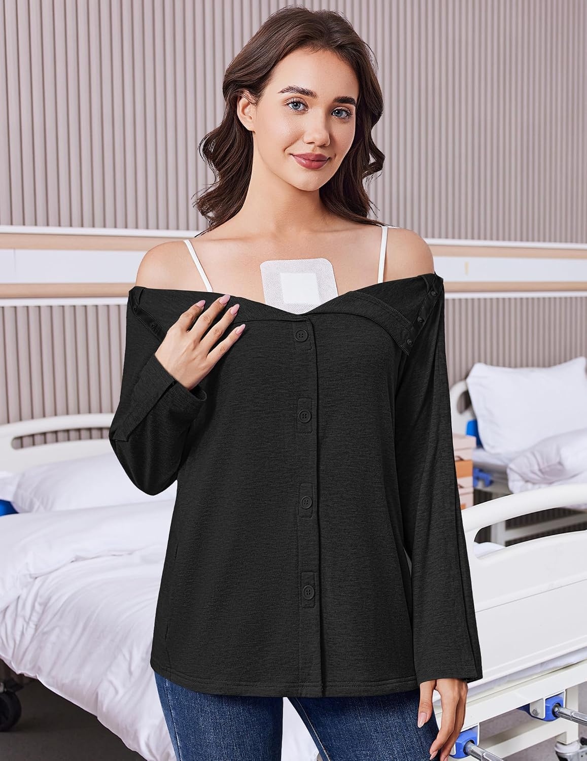 image:imageDeyeek Womens Mastectomy Shirts with Drain Pockets Shoulder Surgery TopsBlack