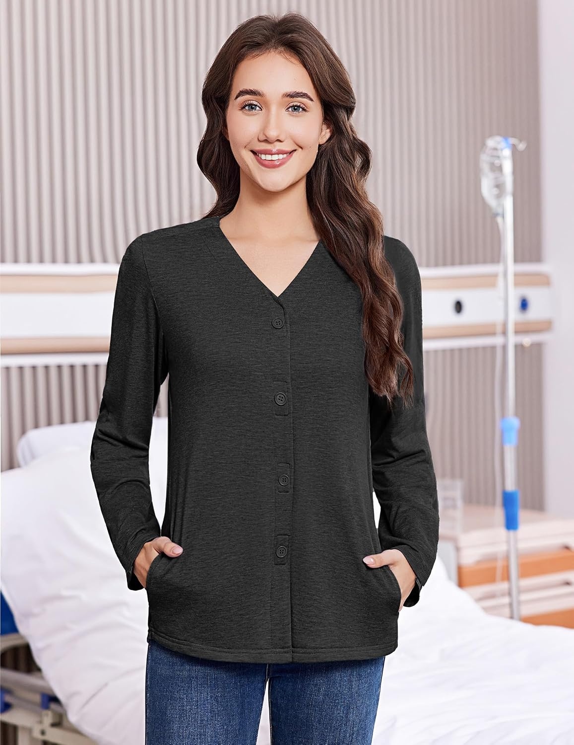 image:imageDeyeek Womens Mastectomy Shirts with Drain Pockets Shoulder Surgery TopsBlack