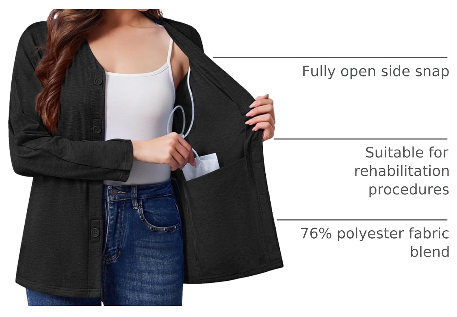 image:imageDeyeek Womens Mastectomy Shirts with Drain Pockets Shoulder Surgery TopsBlack