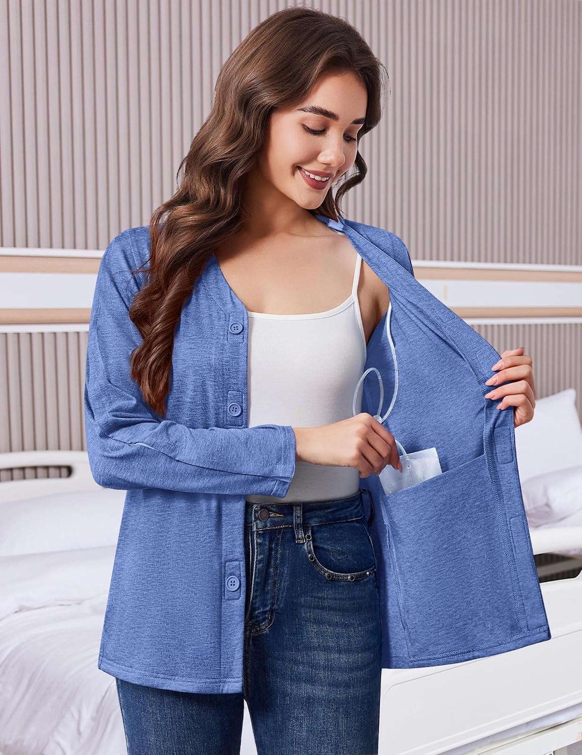 image:imageDeyeek Womens Mastectomy Shirts with Drain Pockets Shoulder Surgery TopsBlue