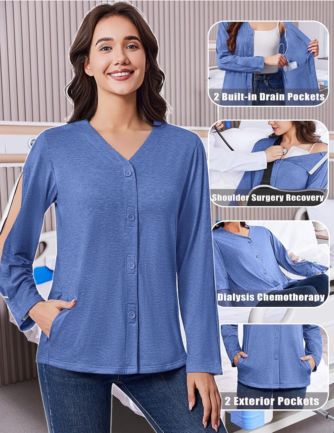 image:imageDeyeek Womens Mastectomy Shirts with Drain Pockets Shoulder Surgery TopsBlue