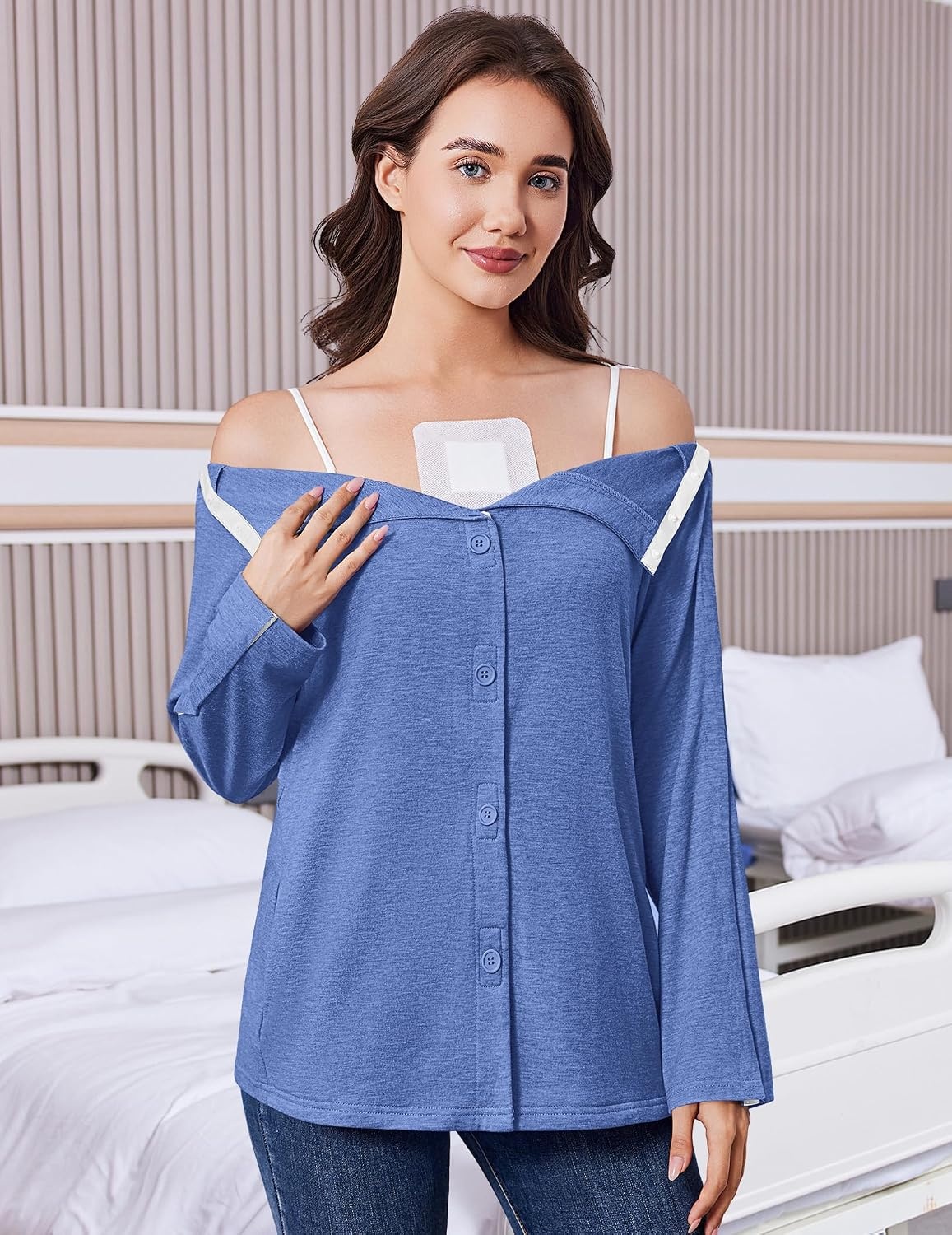 image:imageDeyeek Womens Mastectomy Shirts with Drain Pockets Shoulder Surgery TopsBlue