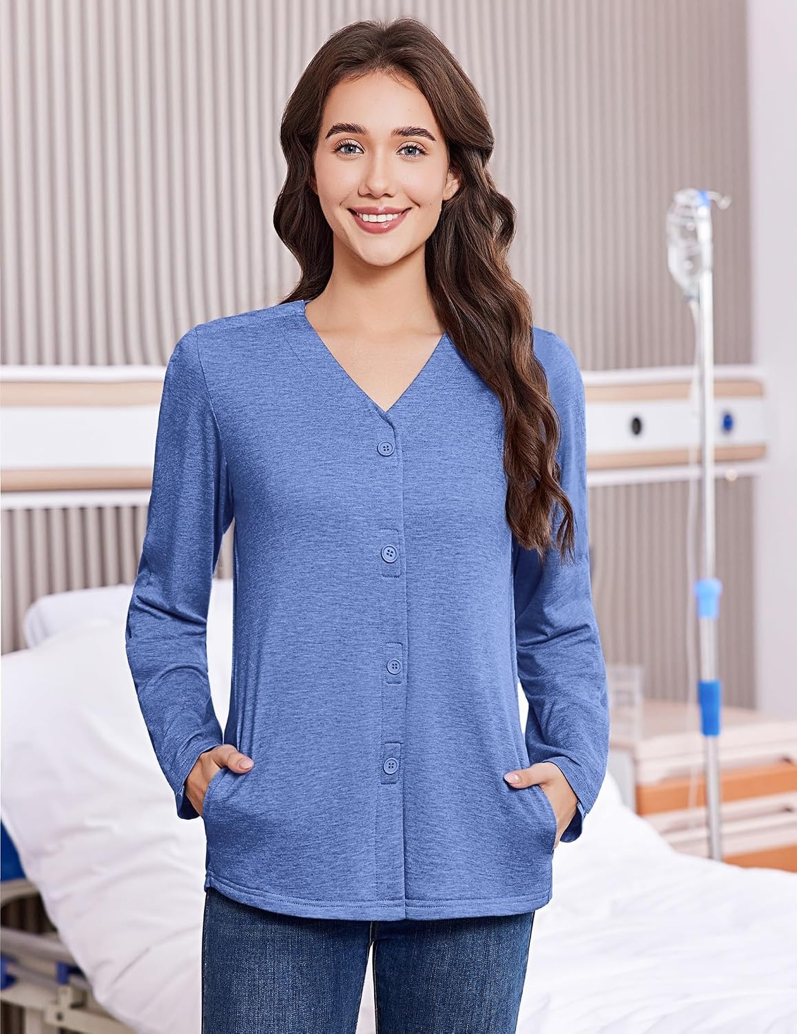 image:imageDeyeek Womens Mastectomy Shirts with Drain Pockets Shoulder Surgery TopsBlue