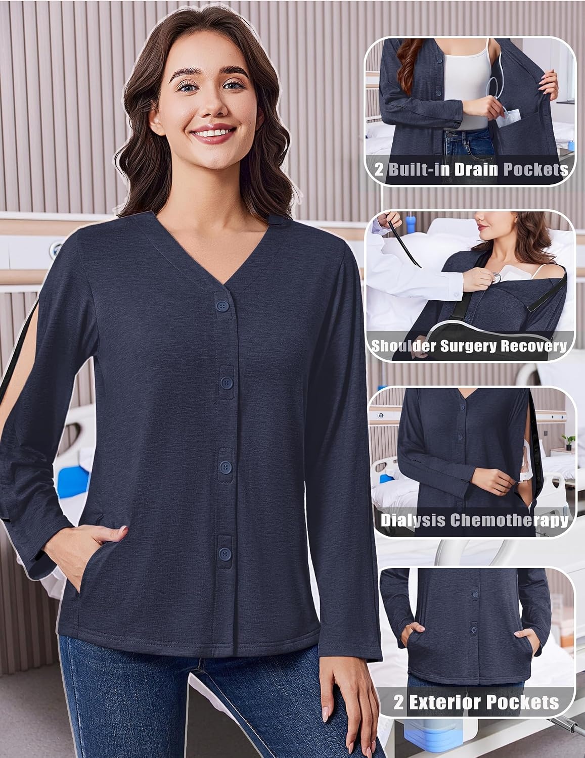 image:imageDeyeek Womens Mastectomy Shirts with Drain Pockets Shoulder Surgery TopsBlue Purple