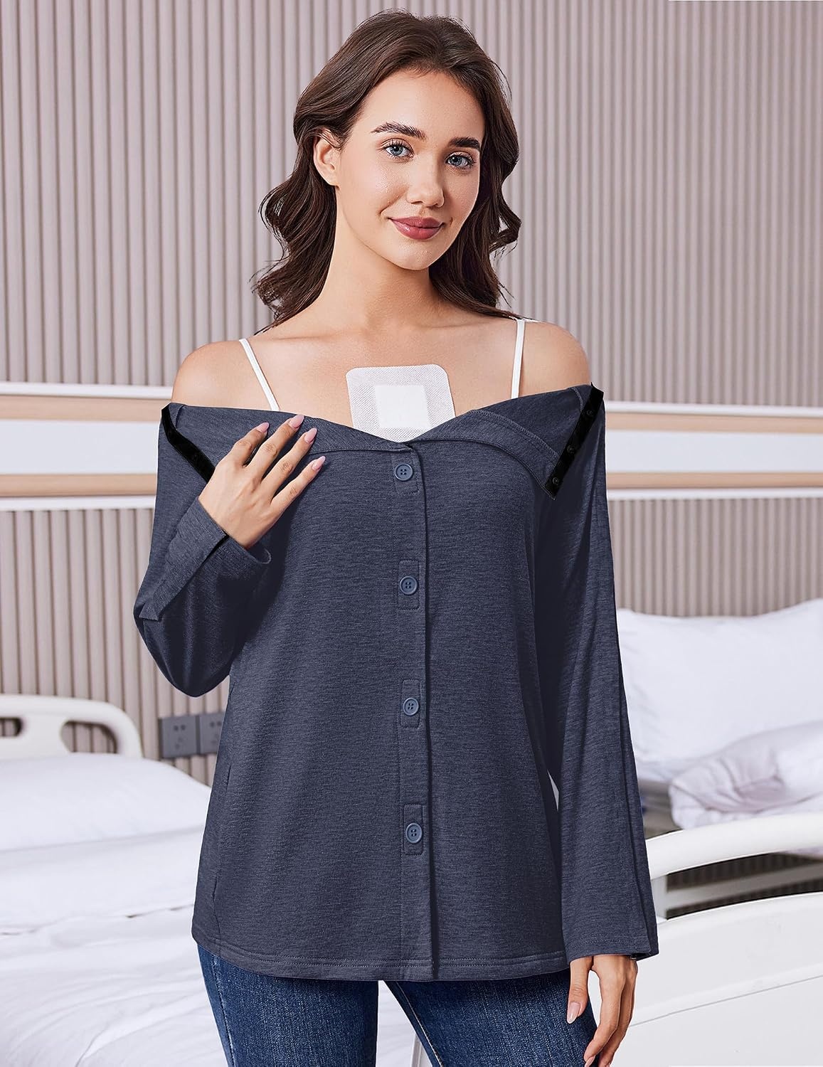 image:imageDeyeek Womens Mastectomy Shirts with Drain Pockets Shoulder Surgery TopsBlue Purple