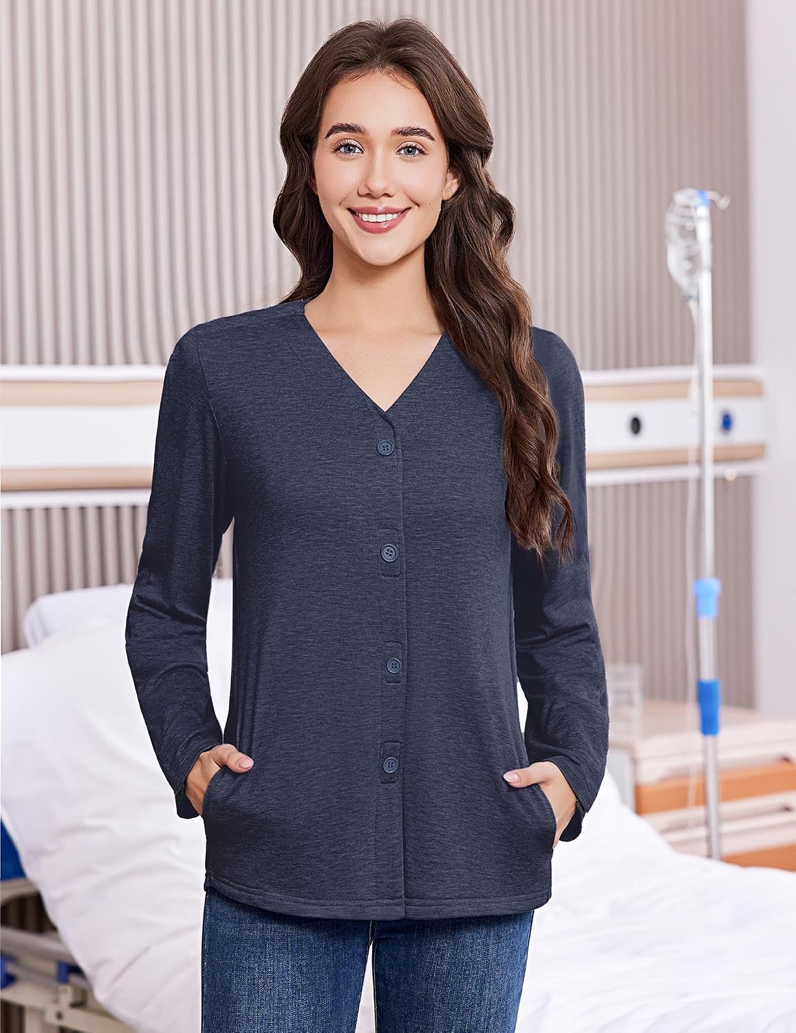 image:imageDeyeek Womens Mastectomy Shirts with Drain Pockets Shoulder Surgery TopsBlue Purple