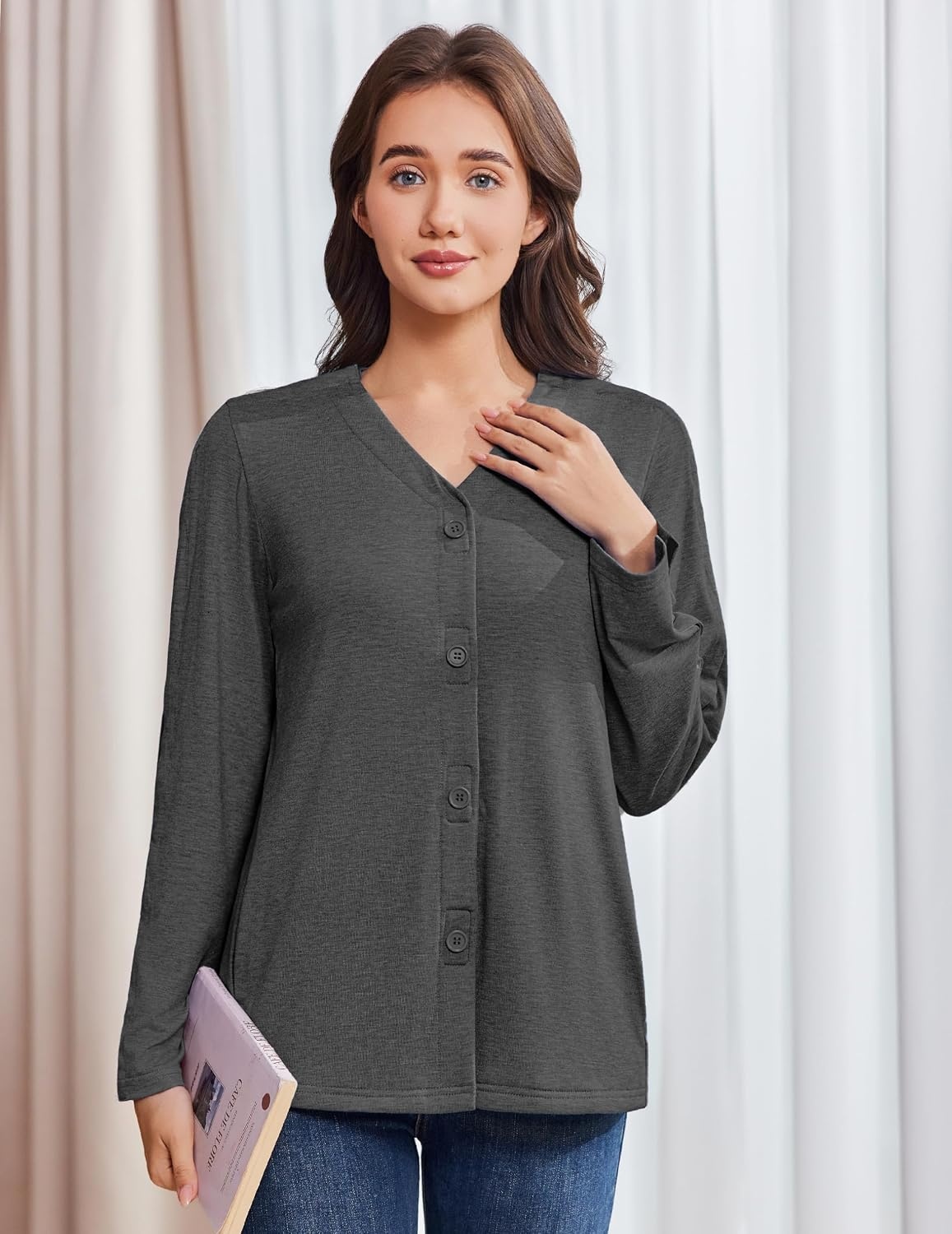 image:imageDeyeek Womens Mastectomy Shirts with Drain Pockets Shoulder Surgery TopsDark Gray