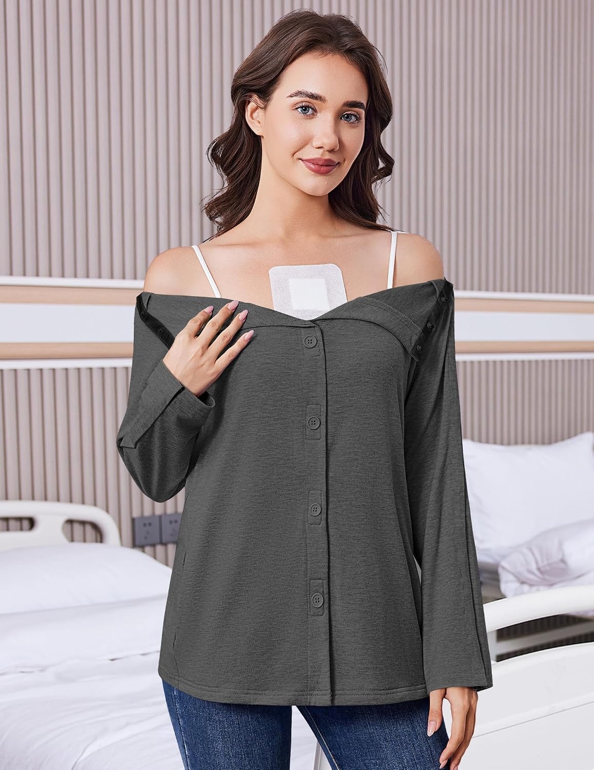 image:imageDeyeek Womens Mastectomy Shirts with Drain Pockets Shoulder Surgery TopsDark Gray