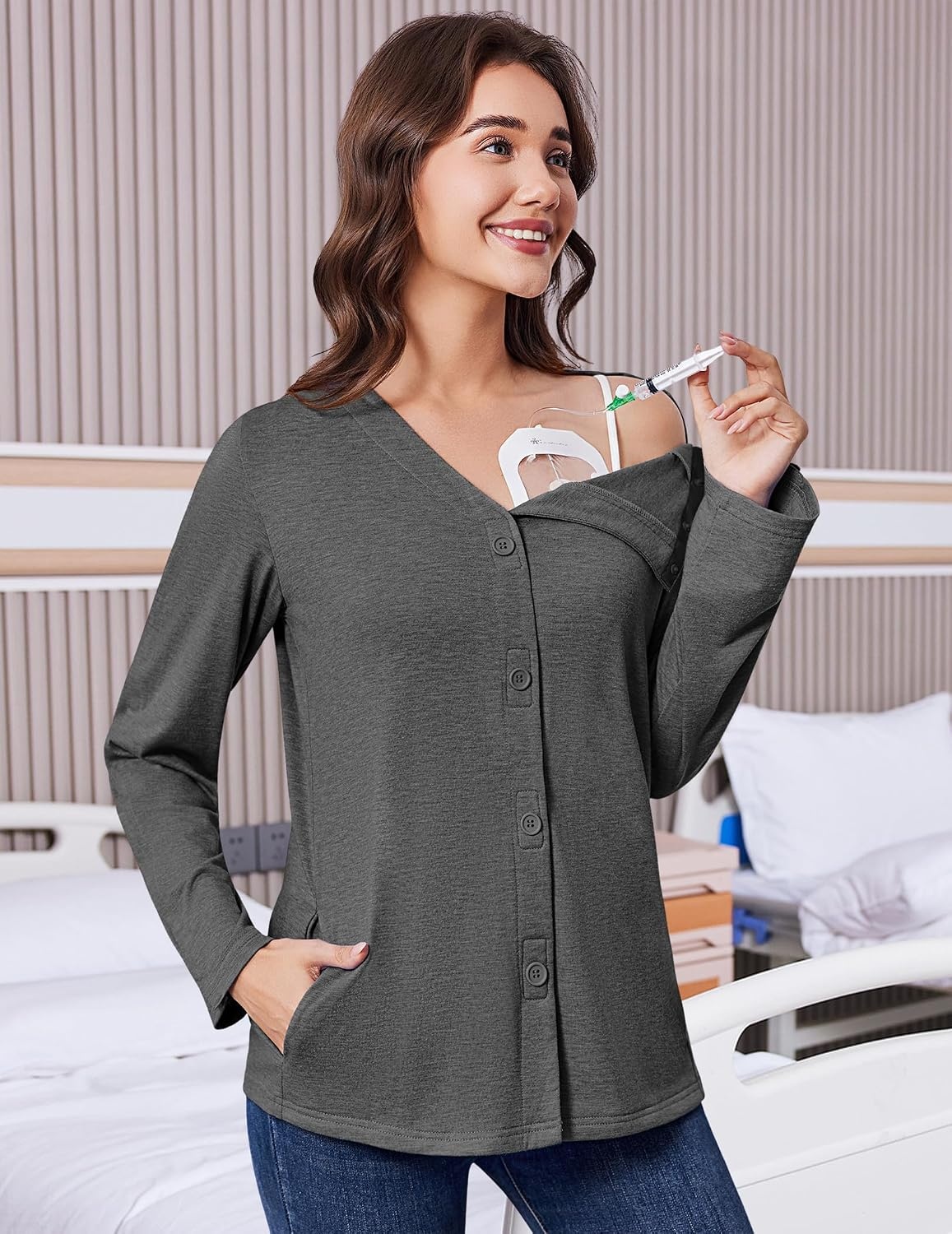 image:imageDeyeek Womens Mastectomy Shirts with Drain Pockets Shoulder Surgery TopsDark Gray