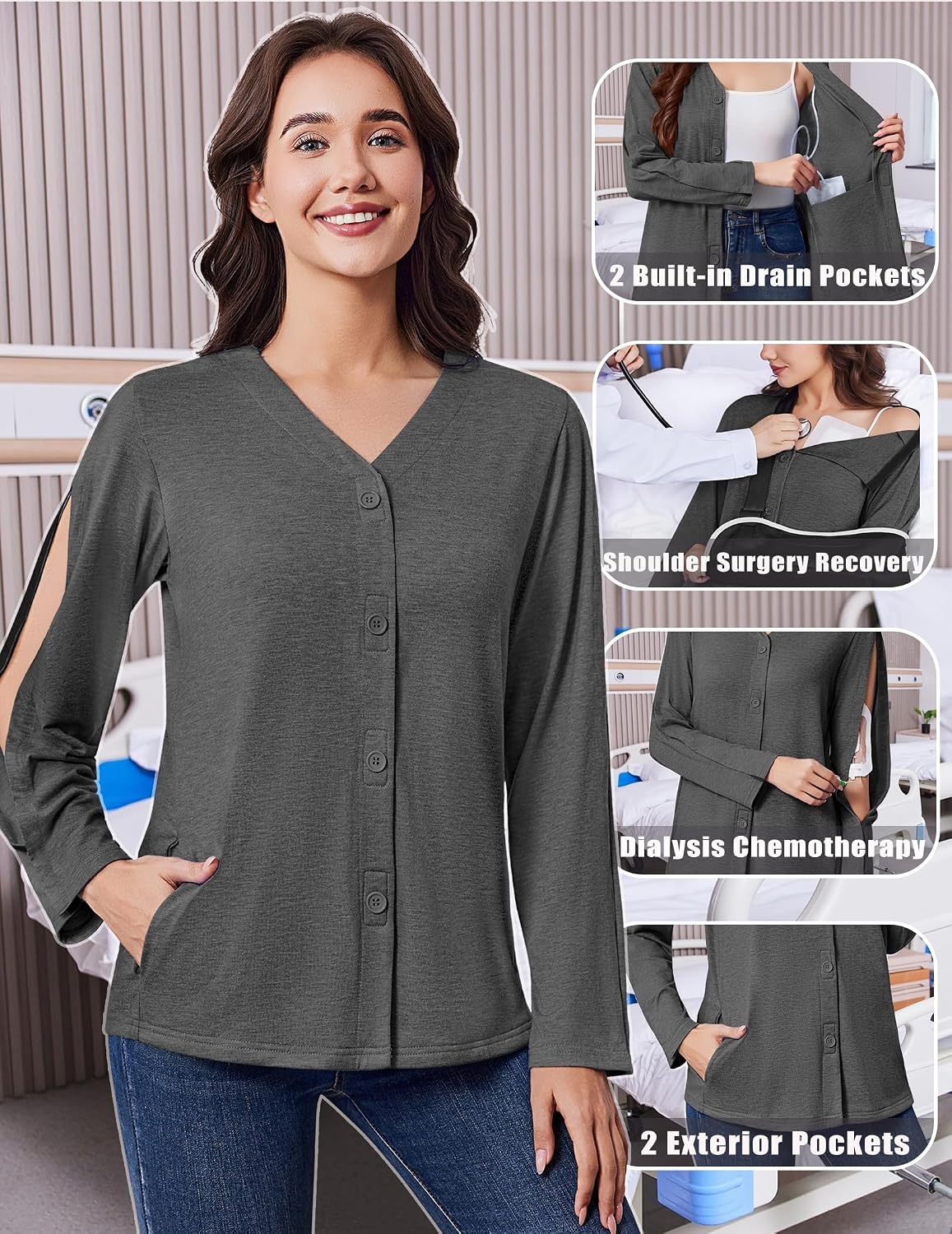 image:imageDeyeek Womens Mastectomy Shirts with Drain Pockets Shoulder Surgery TopsDark Gray
