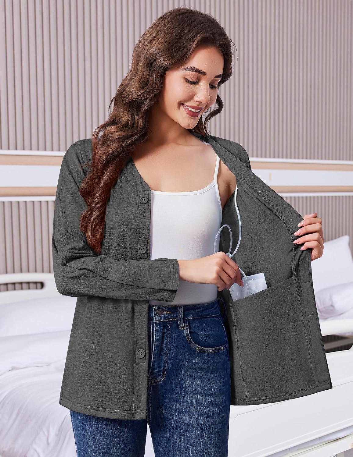image:imageDeyeek Womens Mastectomy Shirts with Drain Pockets Shoulder Surgery TopsDark Gray