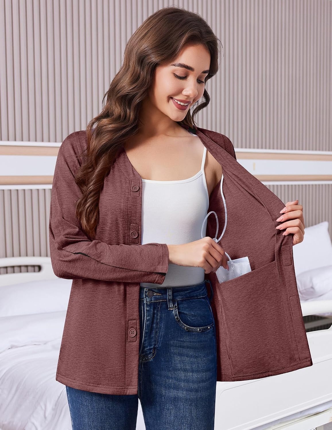image:imageDeyeek Womens Mastectomy Shirts with Drain Pockets Shoulder Surgery TopsDark Red