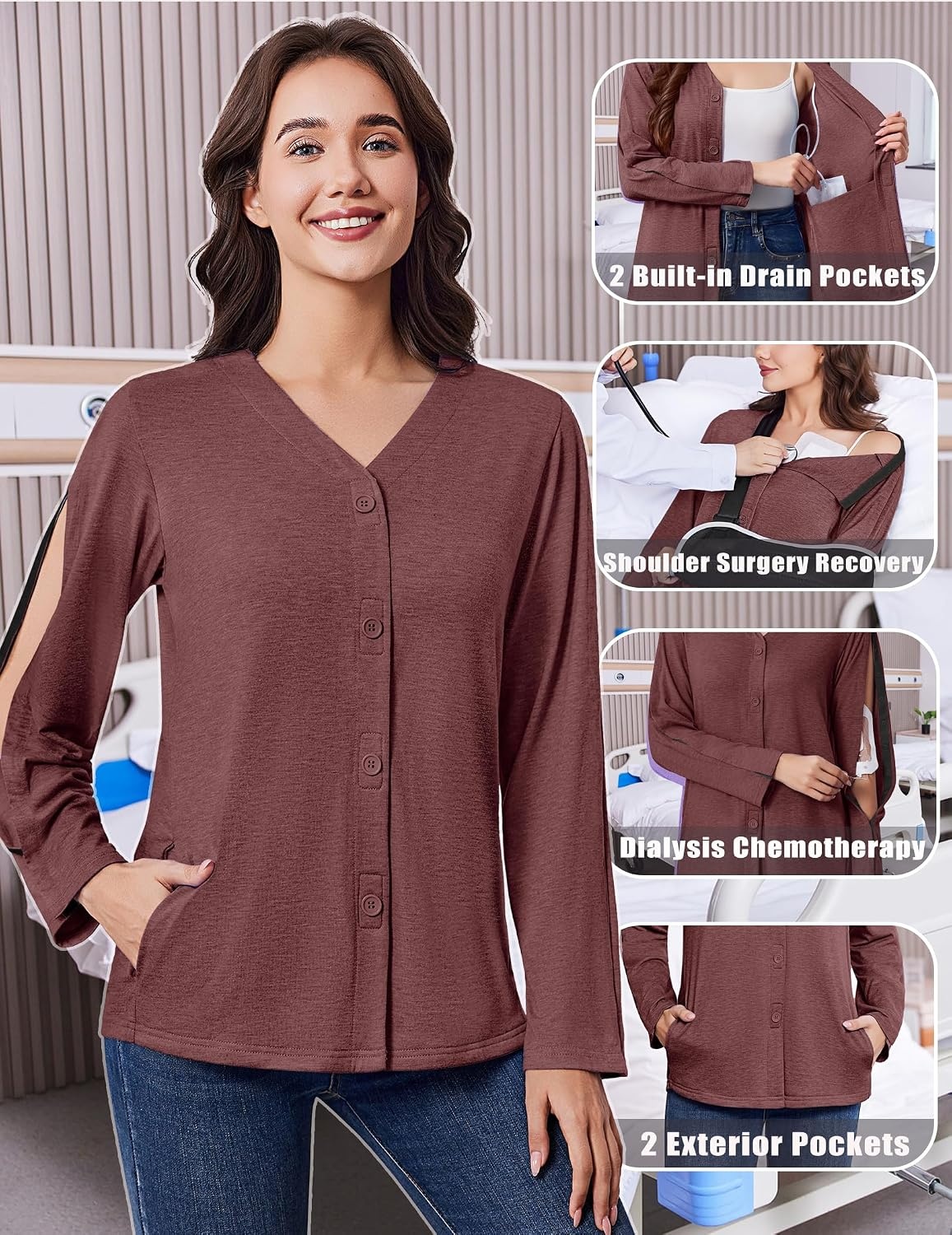 image:imageDeyeek Womens Mastectomy Shirts with Drain Pockets Shoulder Surgery TopsDark Red