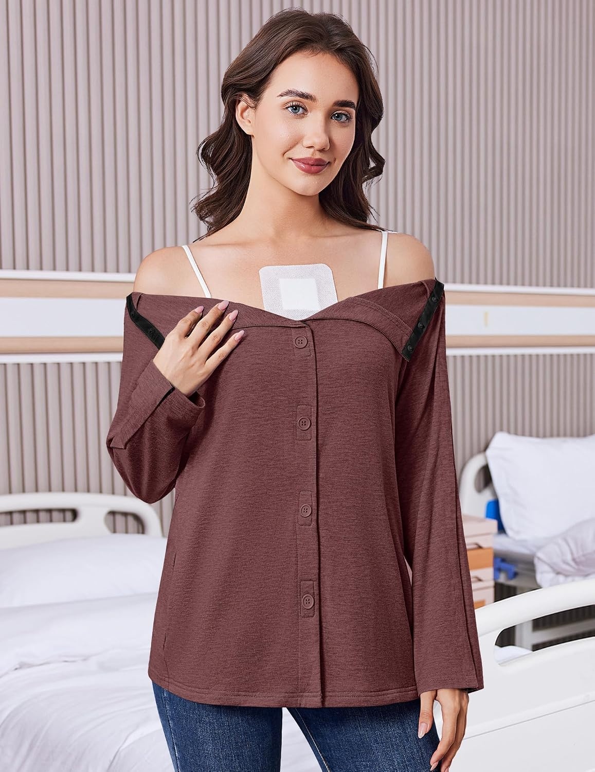 image:imageDeyeek Womens Mastectomy Shirts with Drain Pockets Shoulder Surgery TopsDark Red
