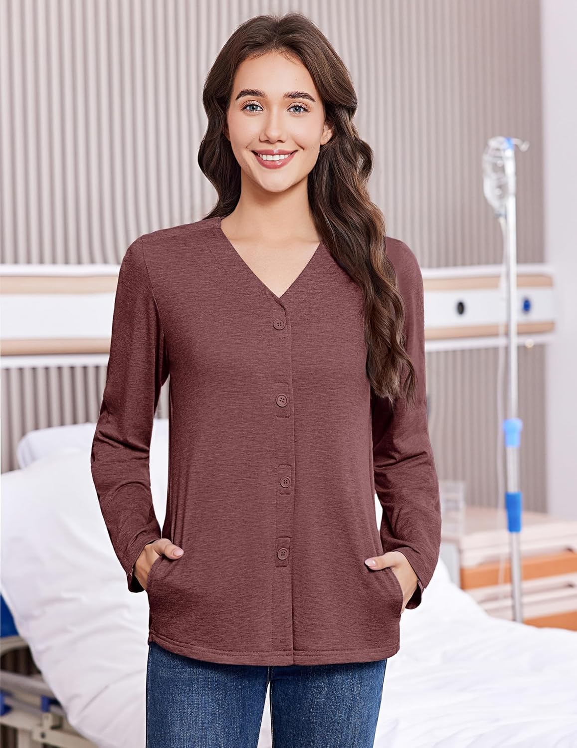 image:imageDeyeek Womens Mastectomy Shirts with Drain Pockets Shoulder Surgery TopsDark Red