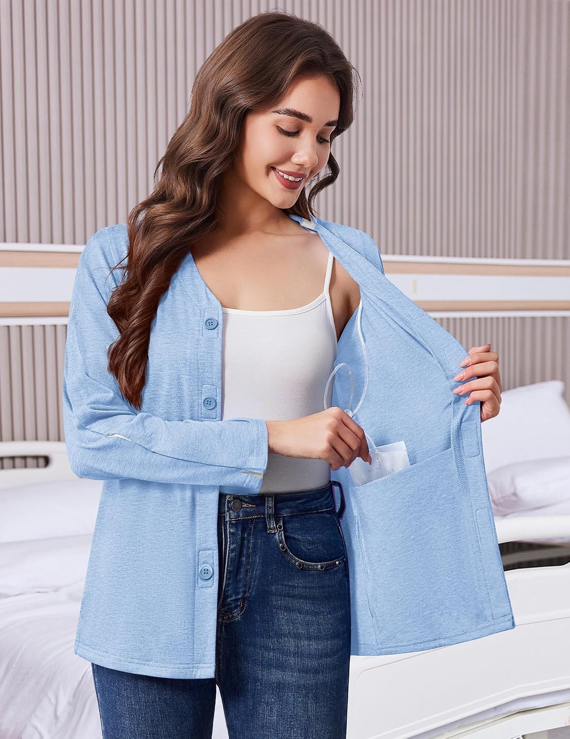 image:imageDeyeek Womens Mastectomy Shirts with Drain Pockets Shoulder Surgery TopsLight Blue
