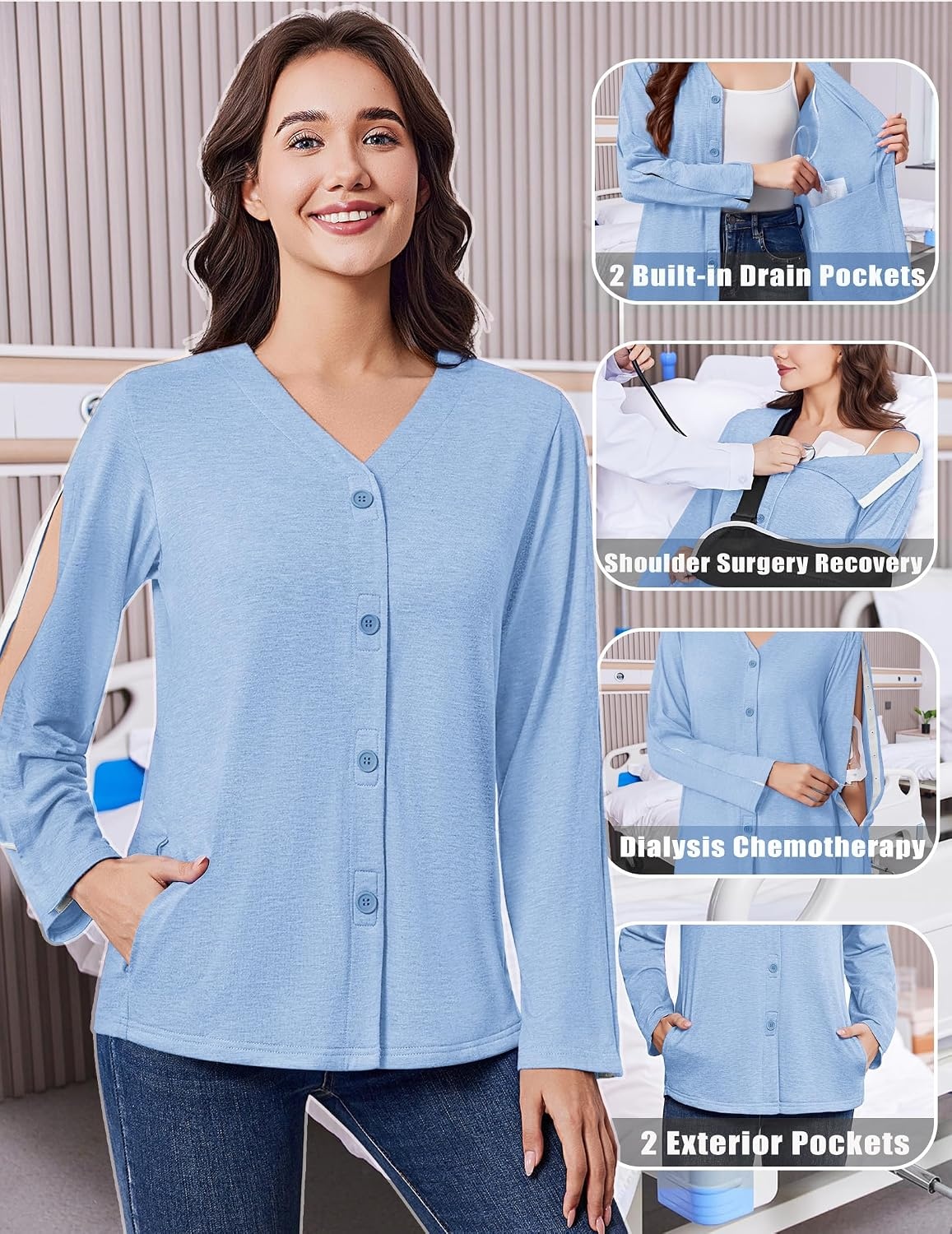 image:imageDeyeek Womens Mastectomy Shirts with Drain Pockets Shoulder Surgery TopsLight Blue