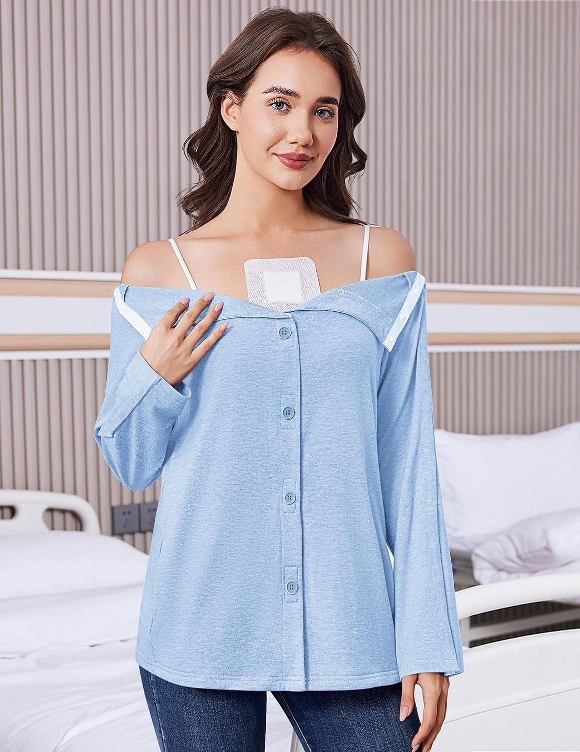 image:imageDeyeek Womens Mastectomy Shirts with Drain Pockets Shoulder Surgery TopsLight Blue