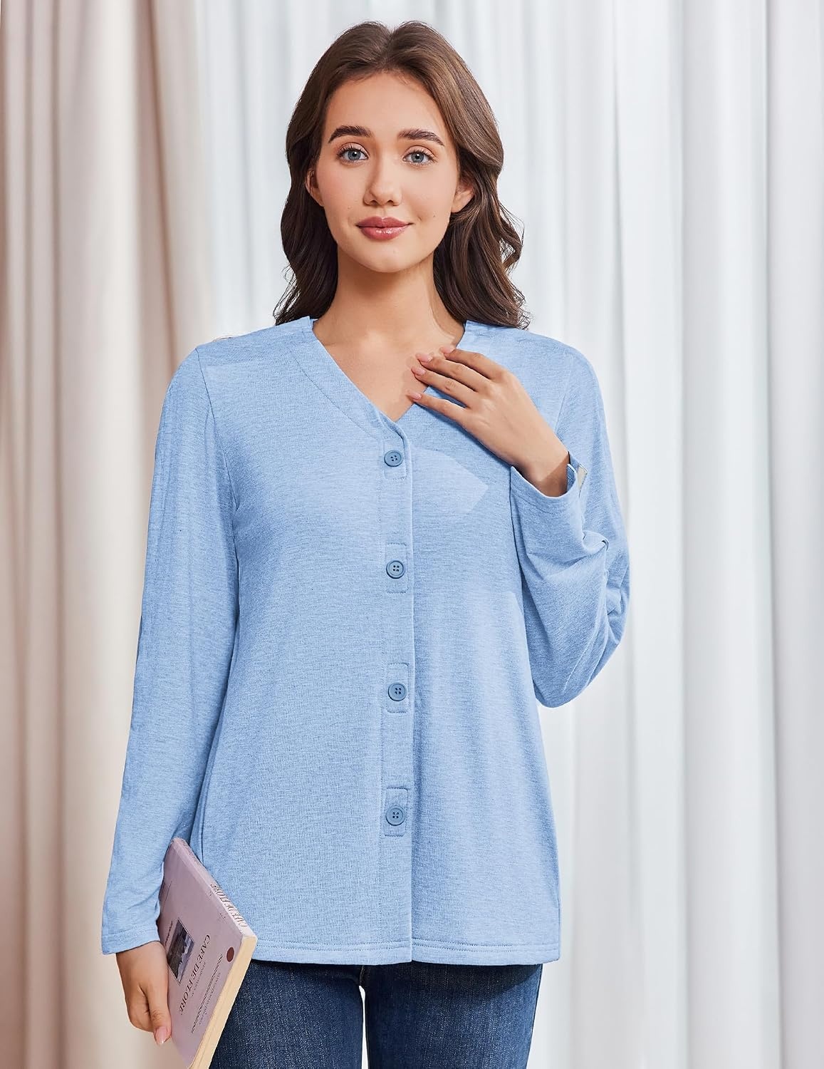 image:imageDeyeek Womens Mastectomy Shirts with Drain Pockets Shoulder Surgery TopsLight Blue