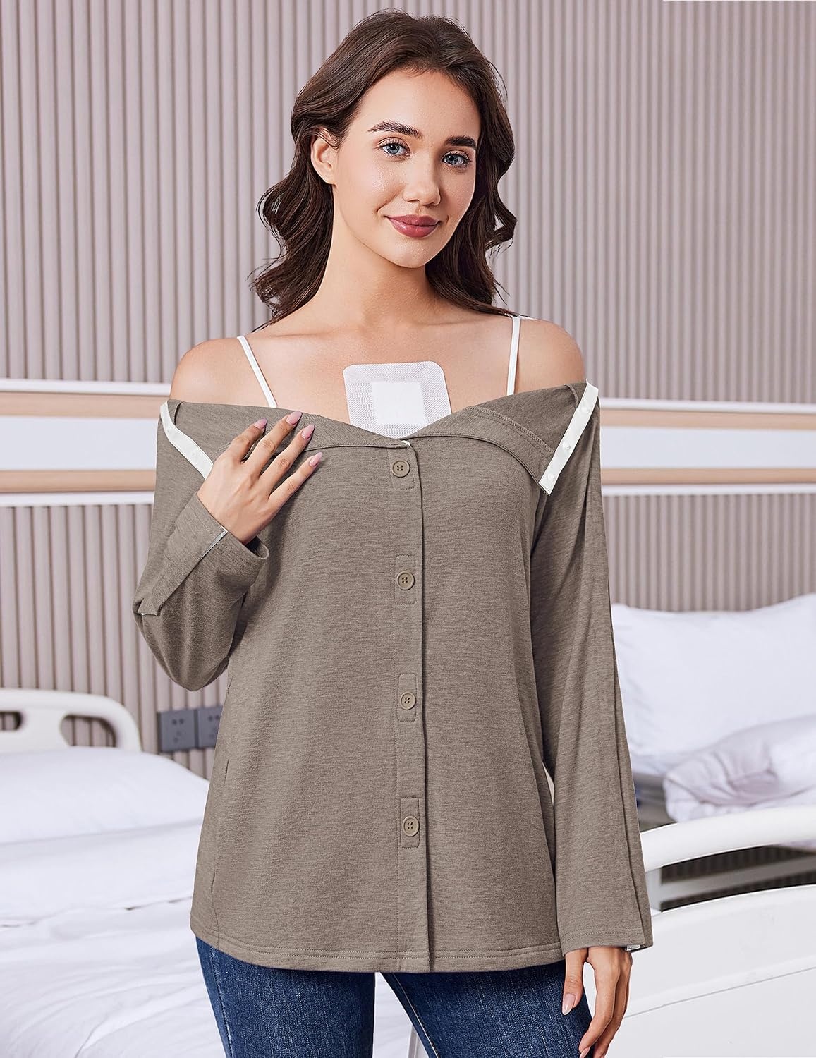 image:imageDeyeek Womens Mastectomy Shirts with Drain Pockets Shoulder Surgery TopsLight Brown