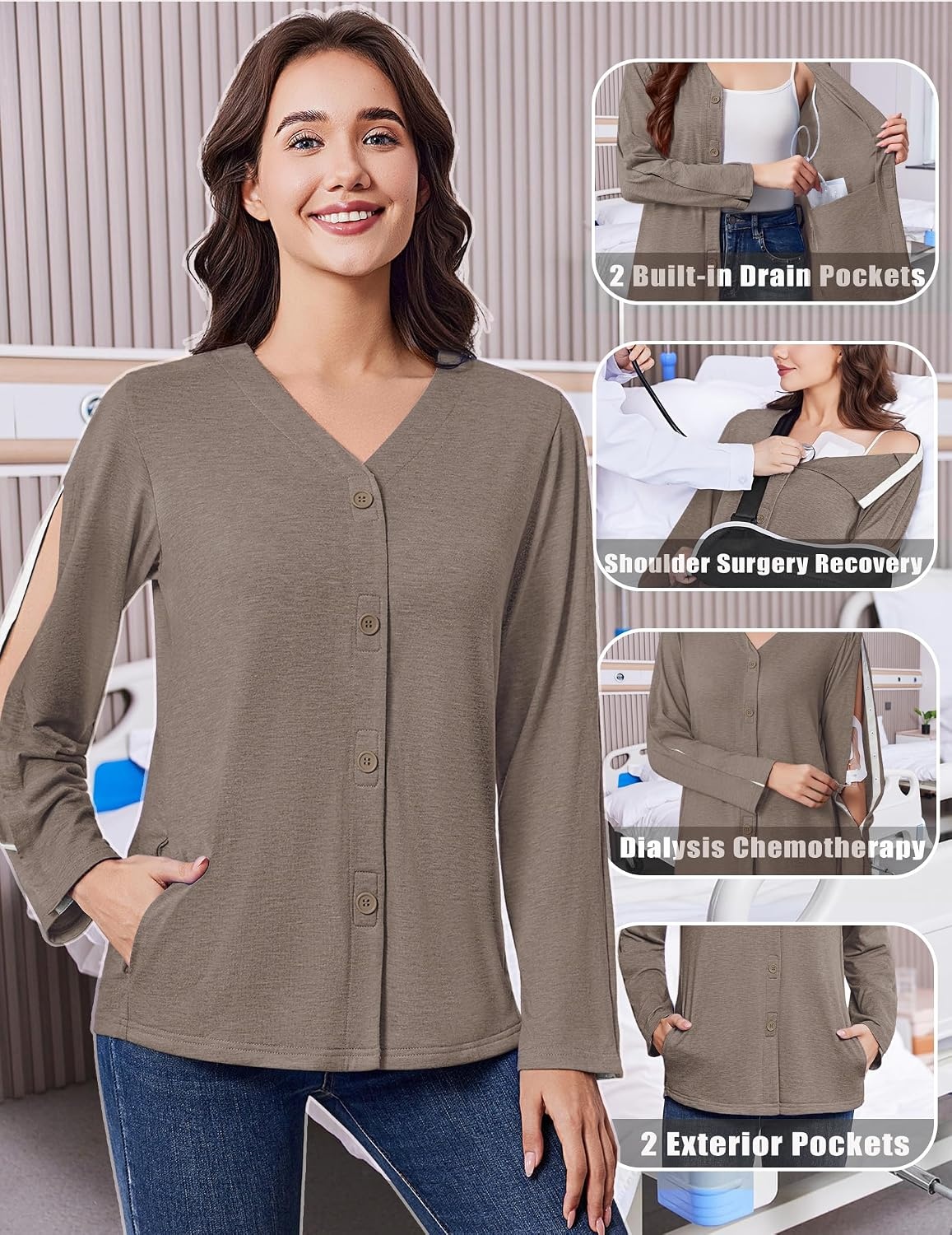 image:imageDeyeek Womens Mastectomy Shirts with Drain Pockets Shoulder Surgery TopsLight Brown