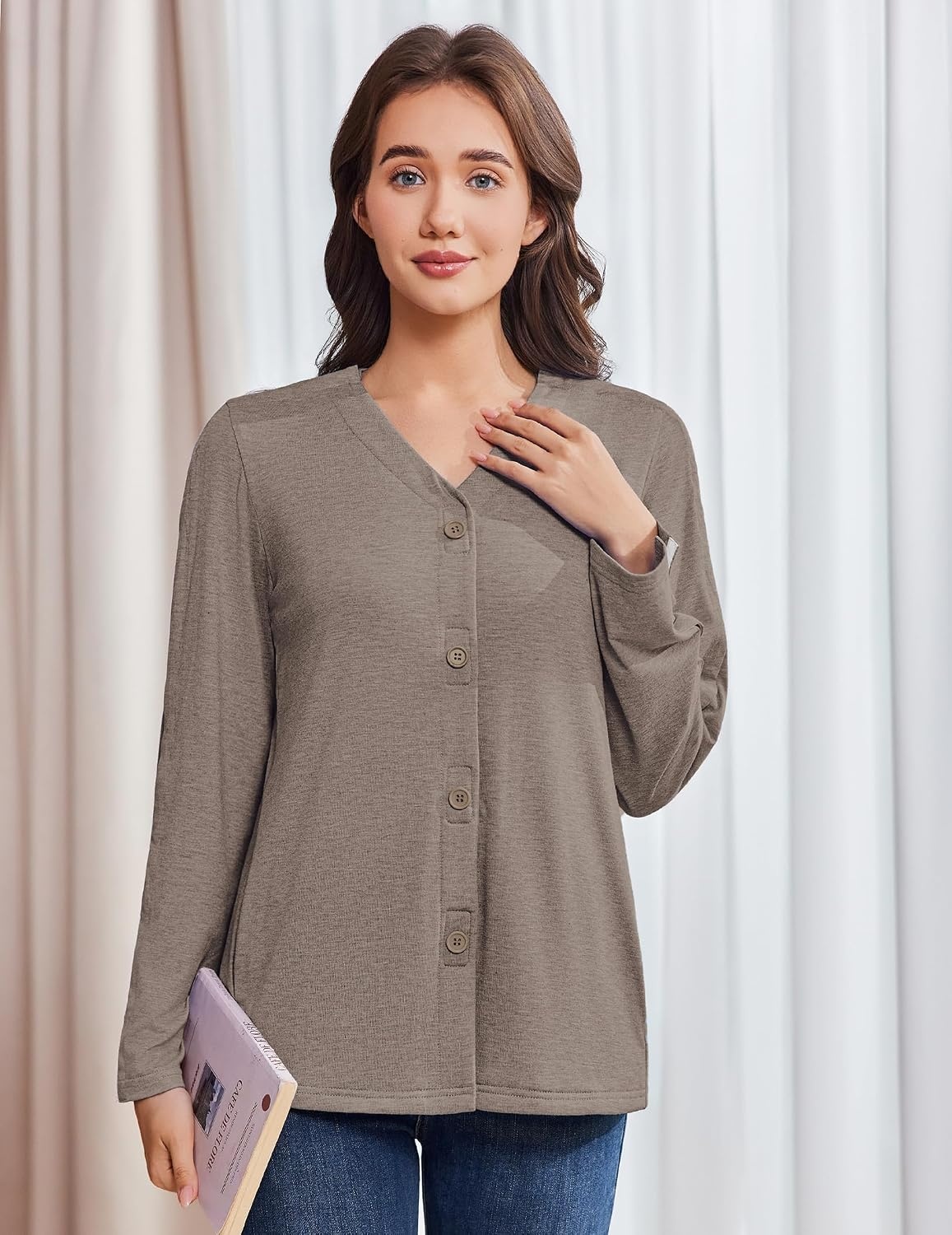 image:imageDeyeek Womens Mastectomy Shirts with Drain Pockets Shoulder Surgery TopsLight Brown