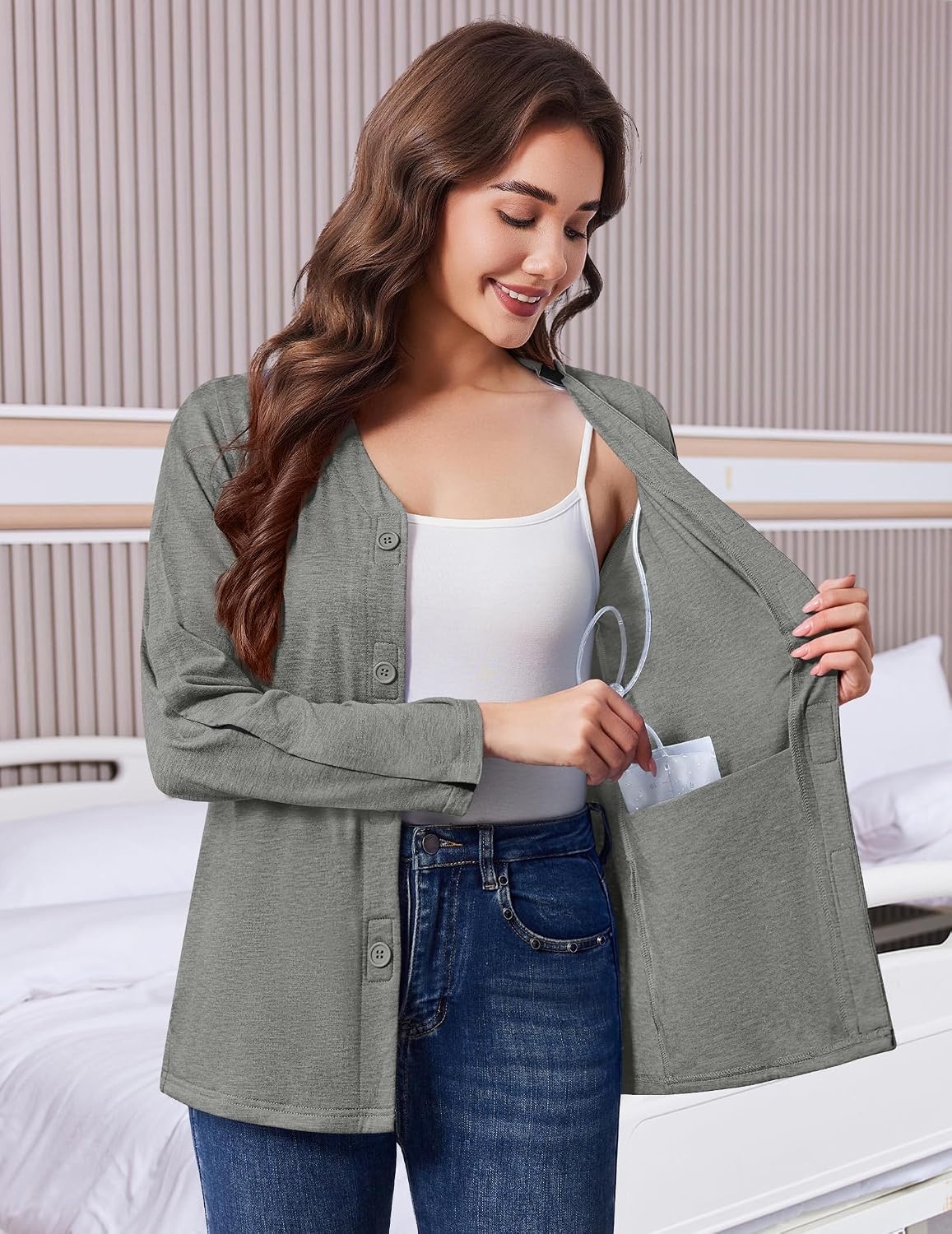 image:imageDeyeek Womens Mastectomy Shirts with Drain Pockets Shoulder Surgery TopsLight Gray