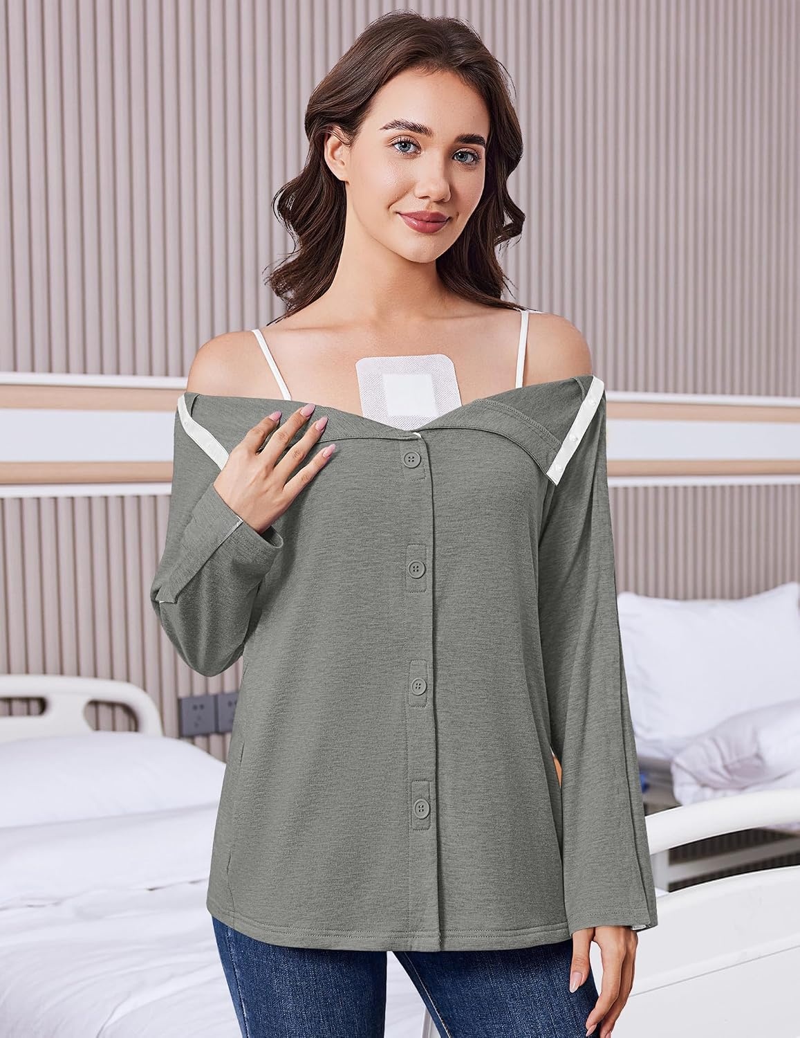 image:imageDeyeek Womens Mastectomy Shirts with Drain Pockets Shoulder Surgery TopsLight Gray