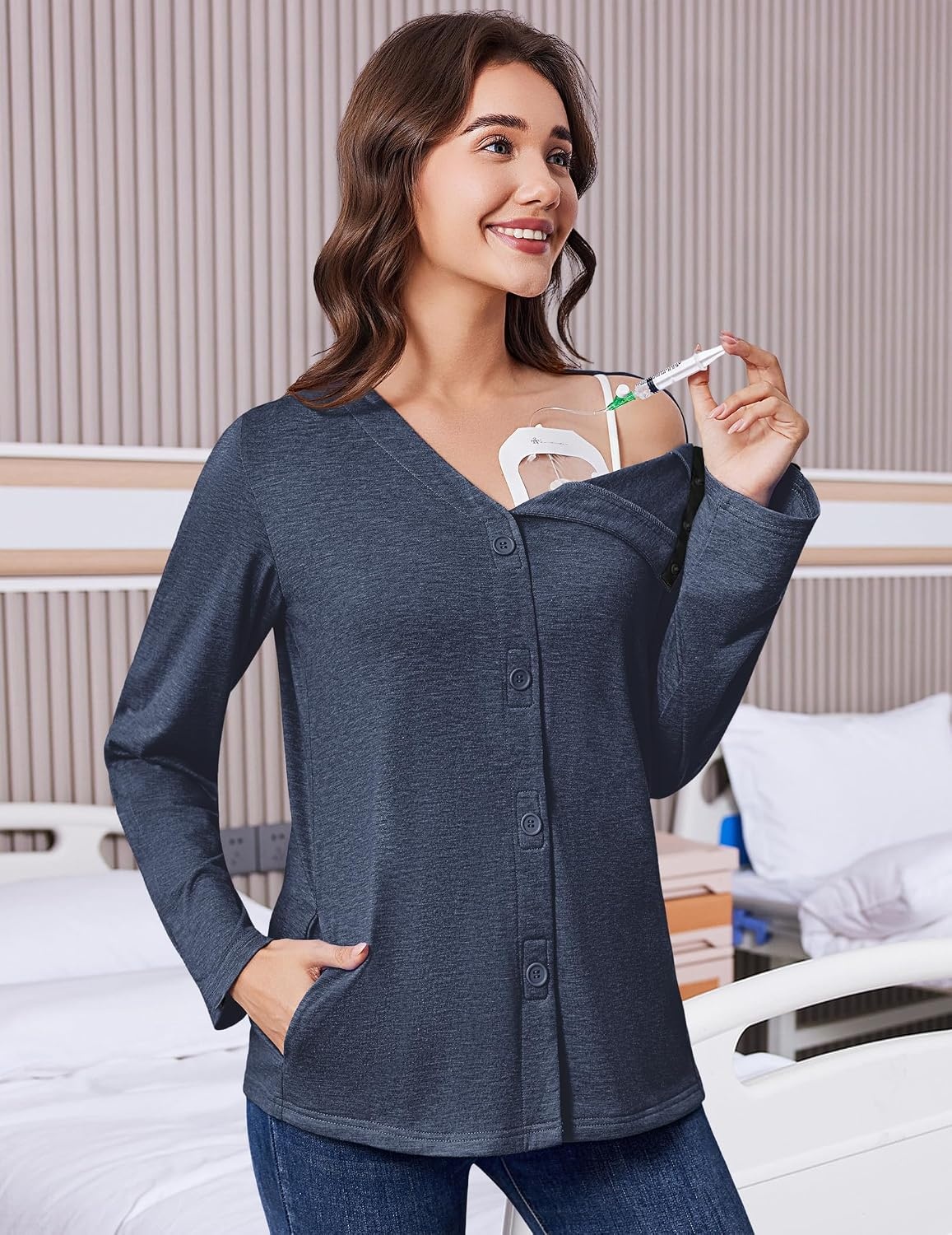 image:imageDeyeek Womens Mastectomy Shirts with Drain Pockets Shoulder Surgery TopsNavy Blue