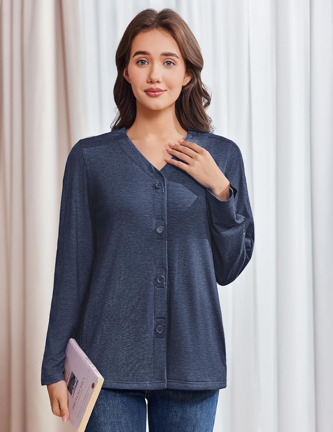 image:imageDeyeek Womens Mastectomy Shirts with Drain Pockets Shoulder Surgery TopsNavy Blue