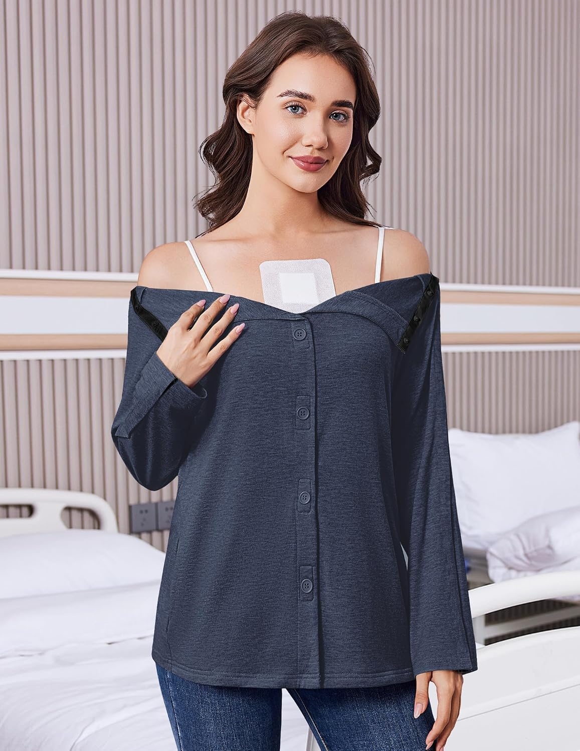 image:imageDeyeek Womens Mastectomy Shirts with Drain Pockets Shoulder Surgery TopsNavy Blue
