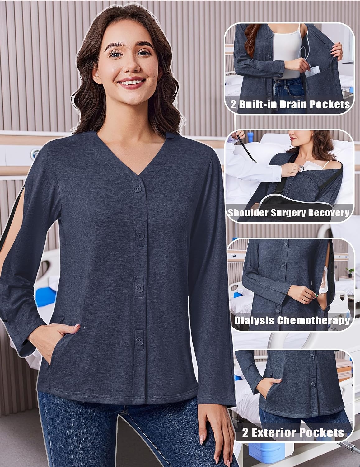 image:imageDeyeek Womens Mastectomy Shirts with Drain Pockets Shoulder Surgery TopsNavy Blue