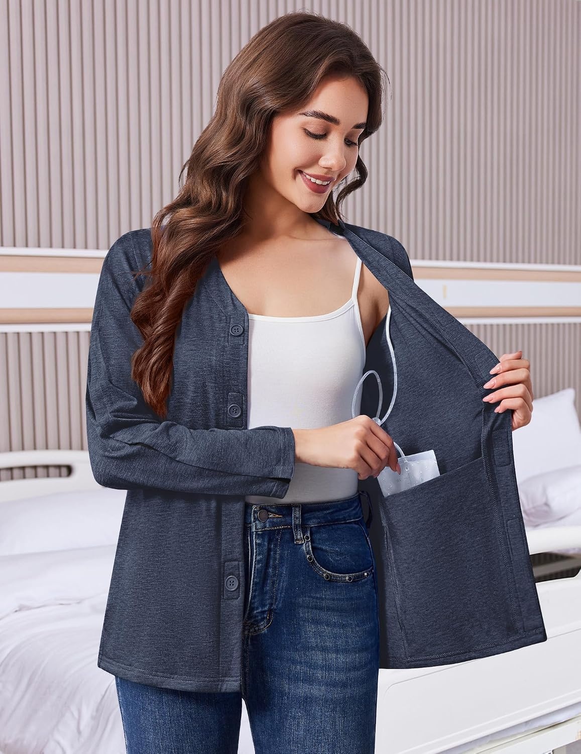 image:imageDeyeek Womens Mastectomy Shirts with Drain Pockets Shoulder Surgery TopsNavy Blue