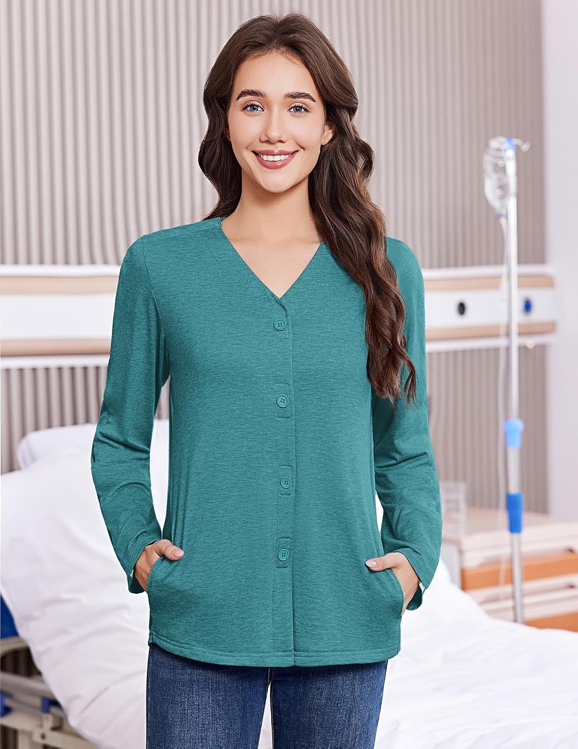 image:imageDeyeek Womens Mastectomy Shirts with Drain Pockets Shoulder Surgery TopsPeacock Blue