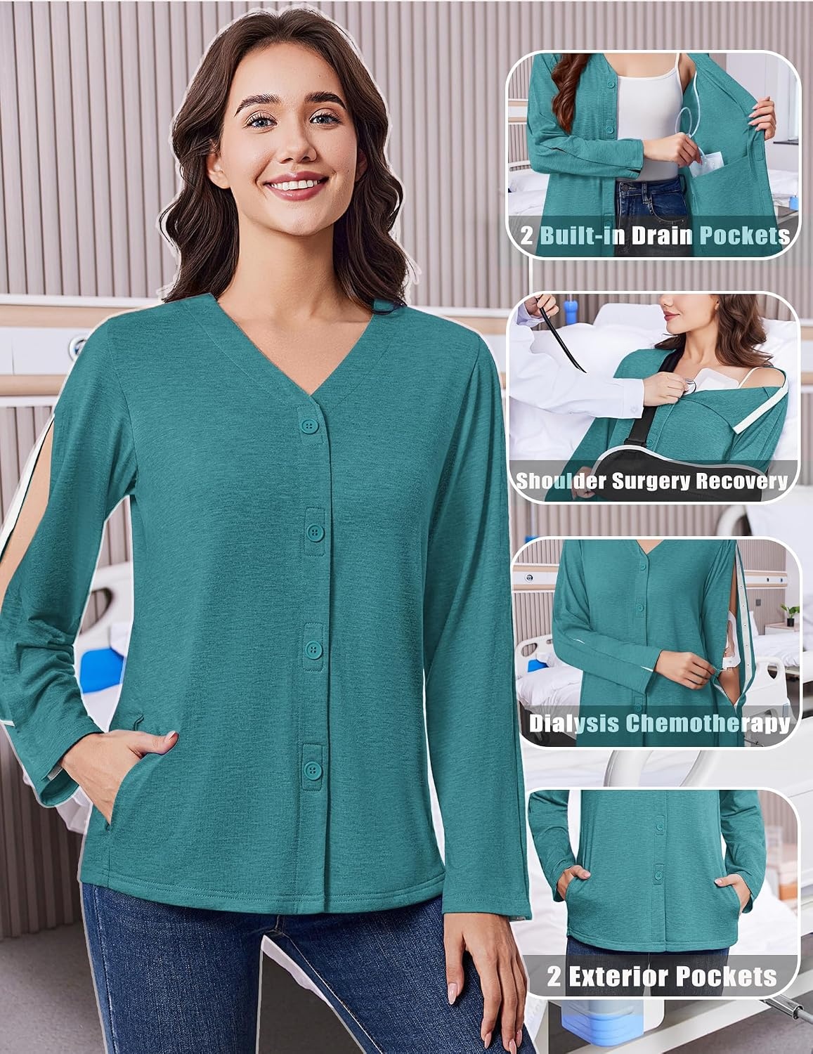 image:imageDeyeek Womens Mastectomy Shirts with Drain Pockets Shoulder Surgery TopsPeacock Blue