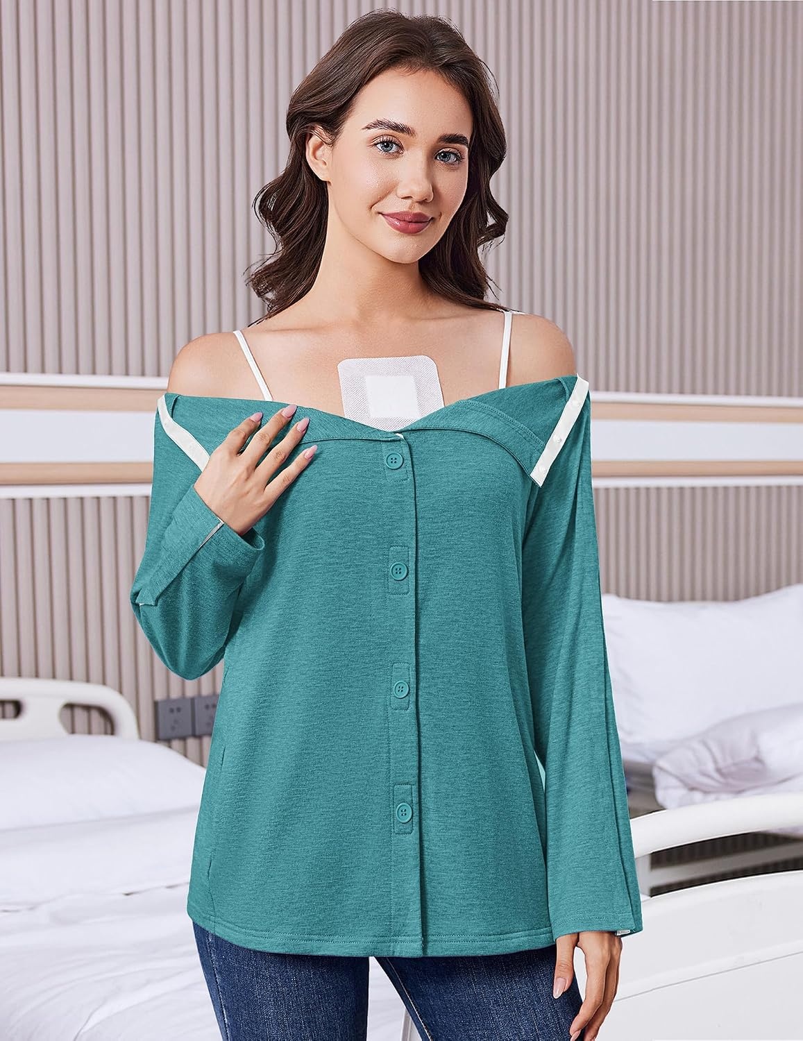 image:imageDeyeek Womens Mastectomy Shirts with Drain Pockets Shoulder Surgery TopsPeacock Blue