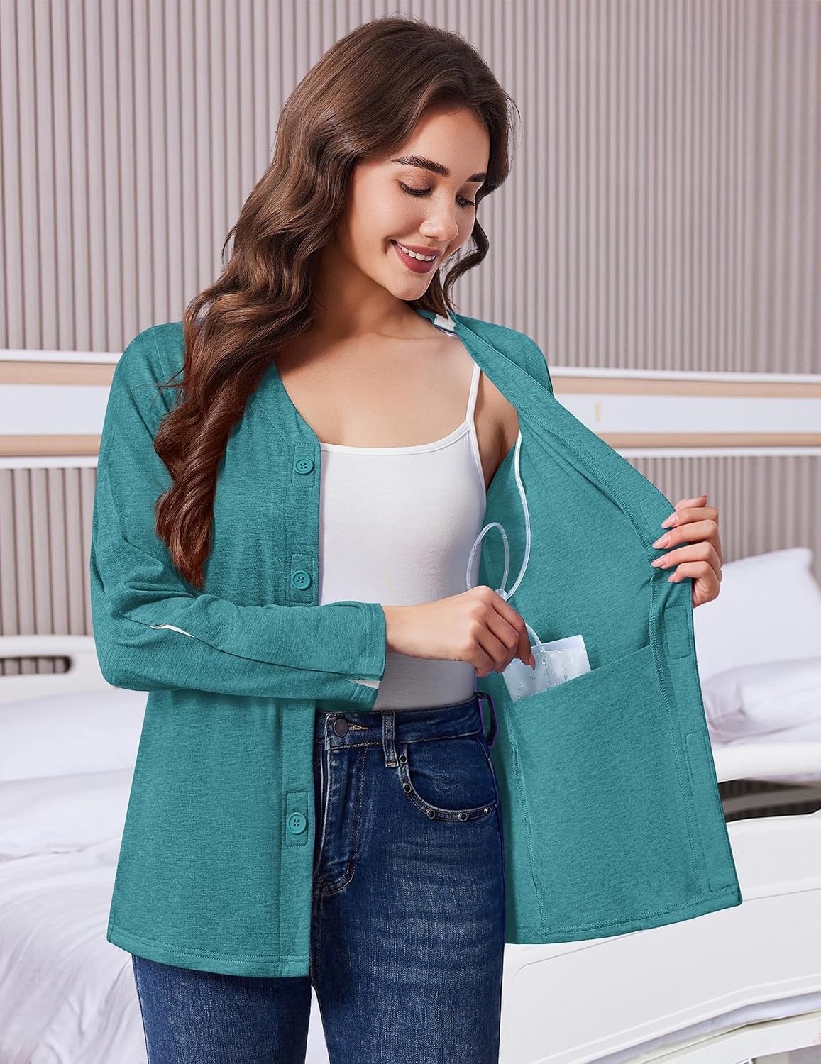 image:imageDeyeek Womens Mastectomy Shirts with Drain Pockets Shoulder Surgery TopsPeacock Blue