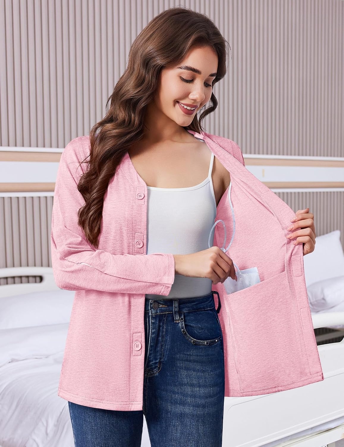 image:imageDeyeek Womens Mastectomy Shirts with Drain Pockets Shoulder Surgery TopsPink