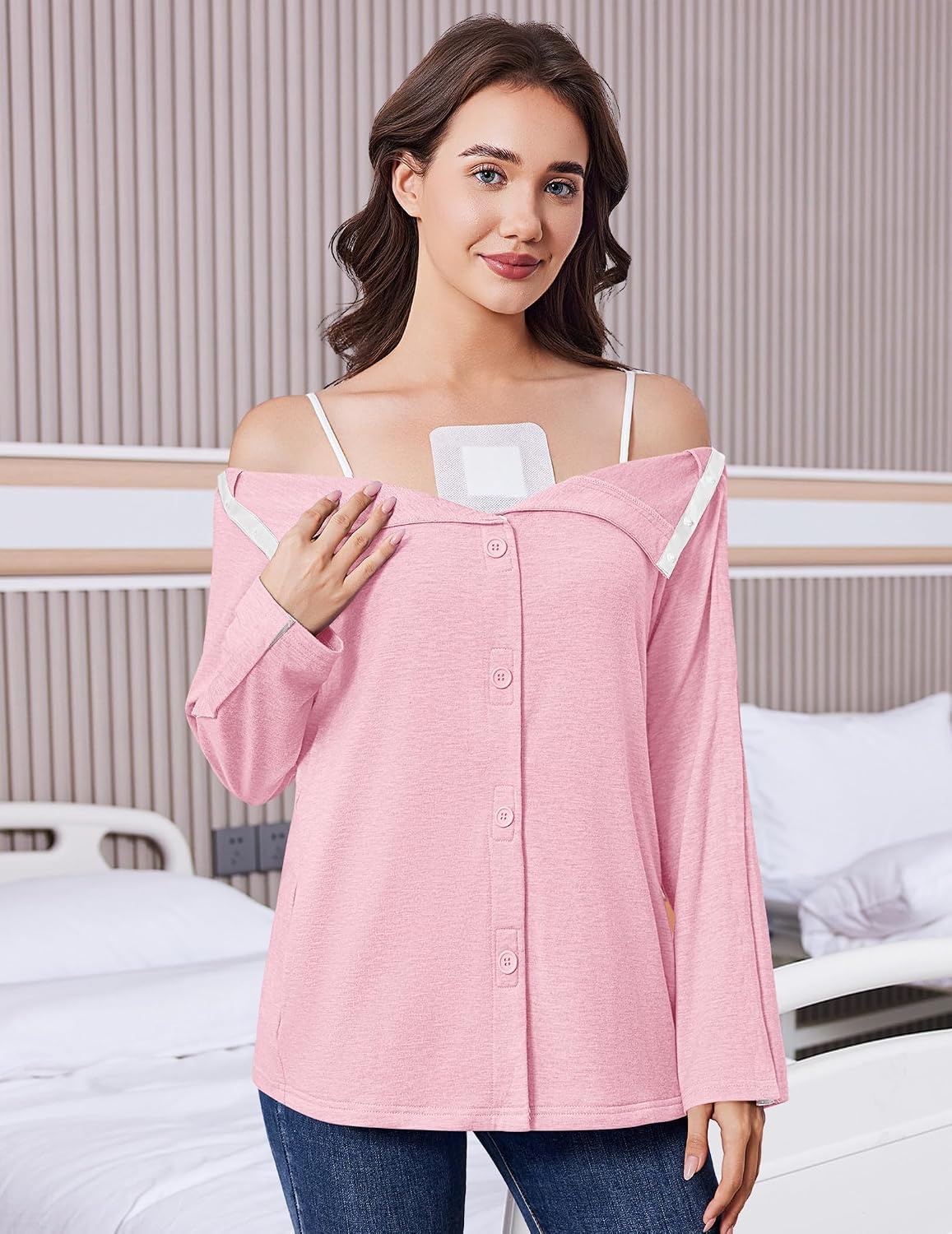 image:imageDeyeek Womens Mastectomy Shirts with Drain Pockets Shoulder Surgery TopsPink