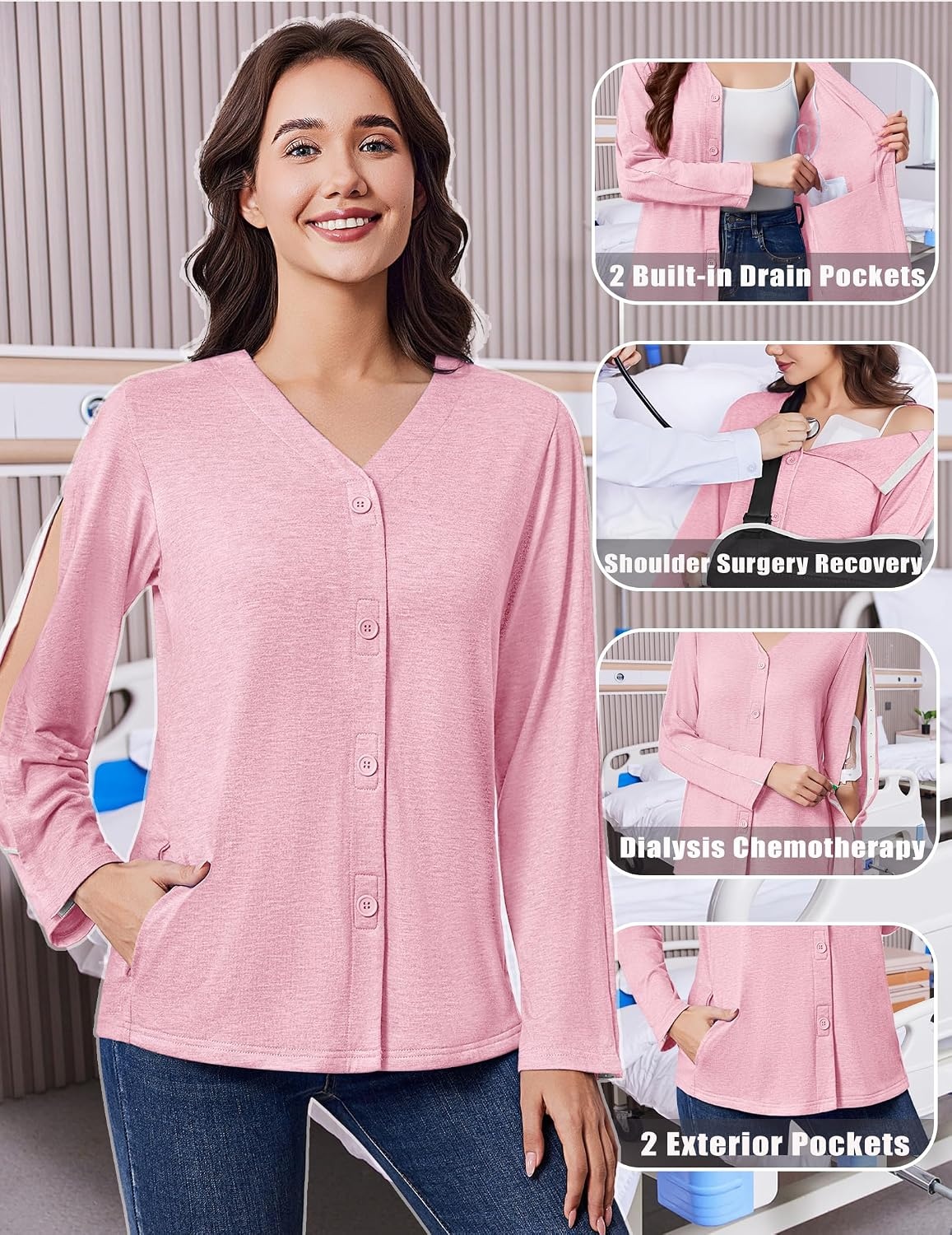 image:imageDeyeek Womens Mastectomy Shirts with Drain Pockets Shoulder Surgery TopsPink