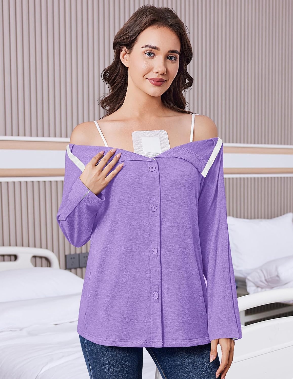 image:imageDeyeek Womens Mastectomy Shirts with Drain Pockets Shoulder Surgery TopsPurple