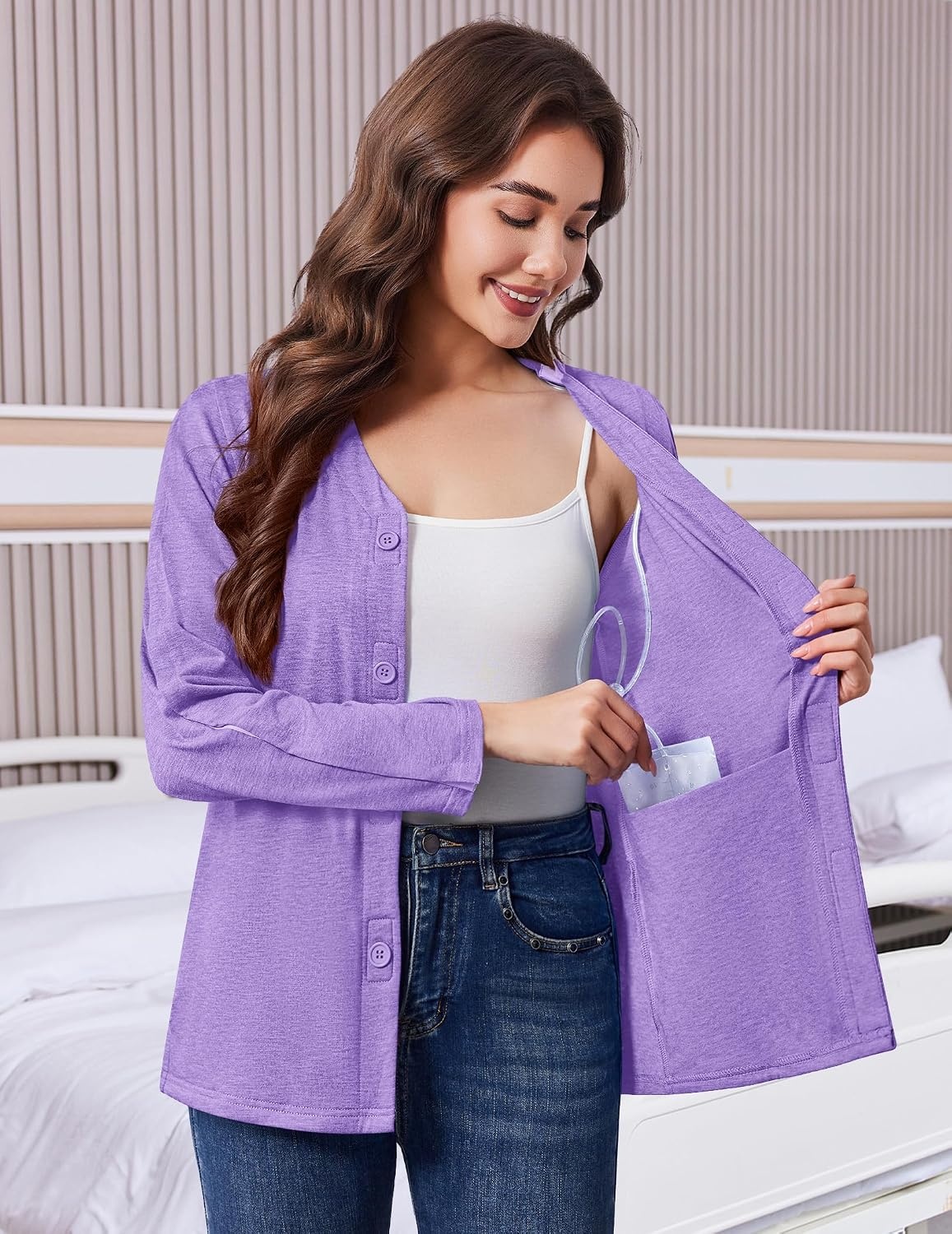 image:imageDeyeek Womens Mastectomy Shirts with Drain Pockets Shoulder Surgery TopsPurple