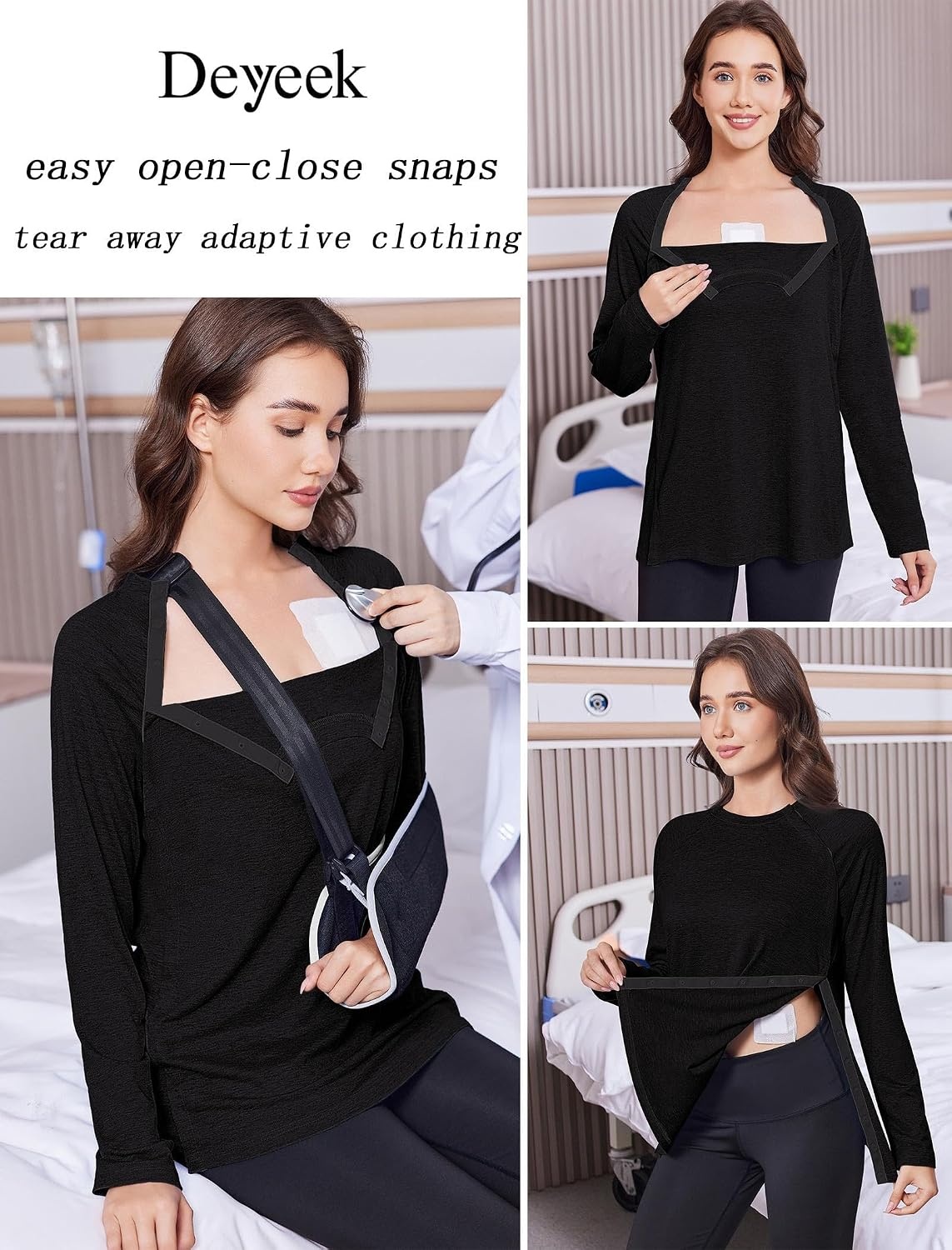 image:imageDeyeek Womens Shoulder Surgery Shirt Tear Away Side Snap Chemo Port TopBlack